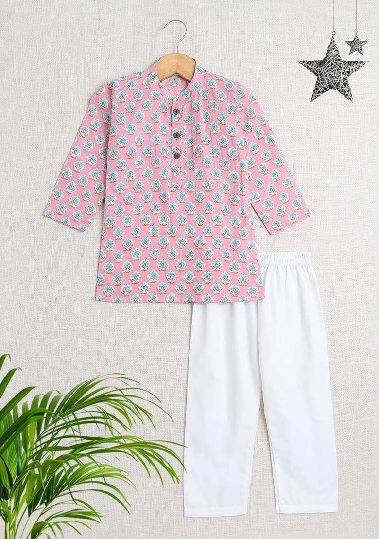Pink Embellished Cotton Kurta Set For Boys - Indya