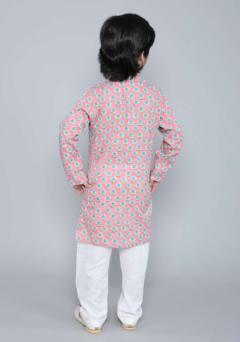 Pink Embellished Cotton Kurta Set For Boys - Indya