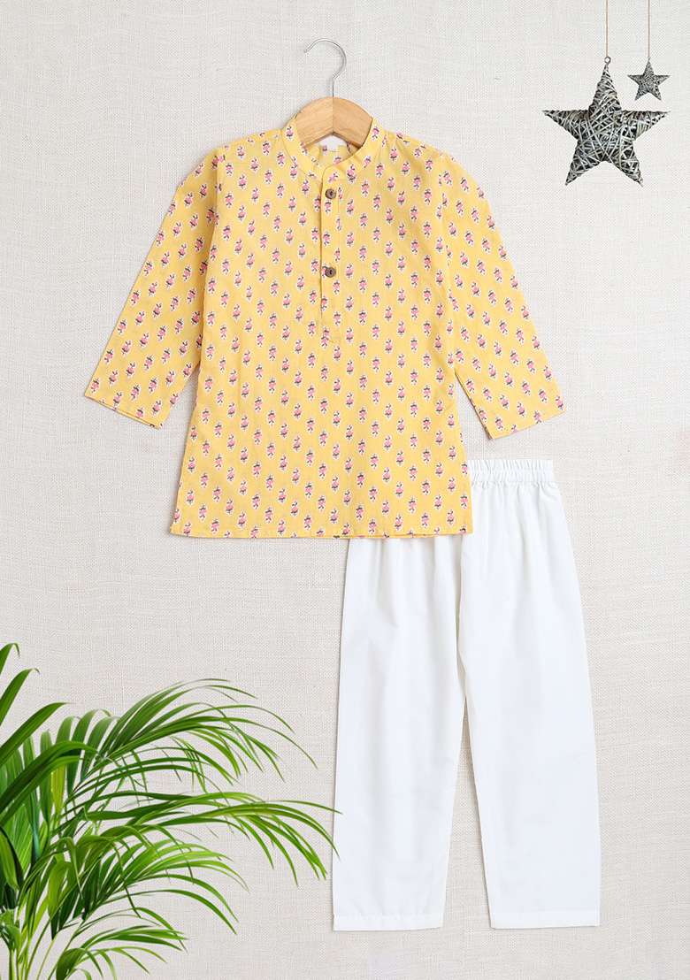 Yellow Embellished Cotton Kurta Set For Boys - Indya