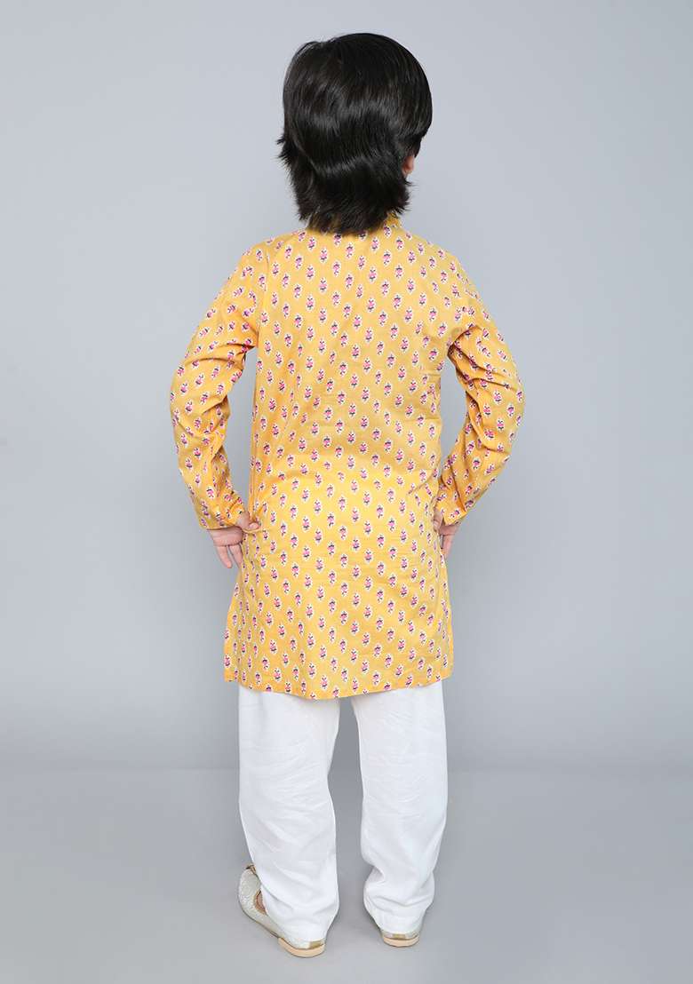 Yellow Embellished Cotton Kurta Set For Boys - Indya