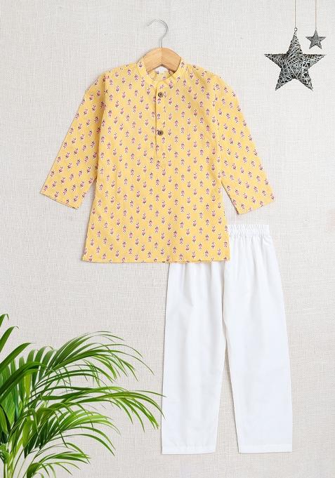 Yellow Embellished Cotton Kurta Set For Boys