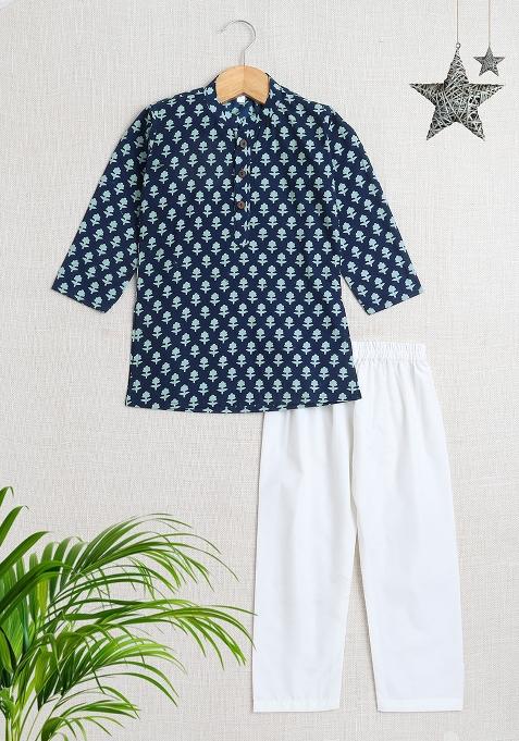 Blue Embellished Cotton Kurta Set For Boys