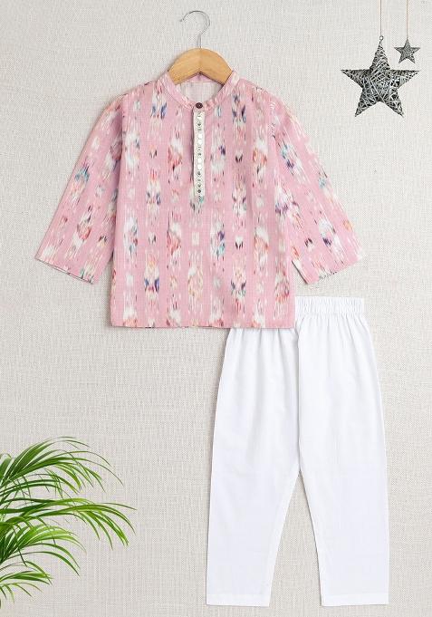 Pink Printed Polyester Kurta Set For Boys