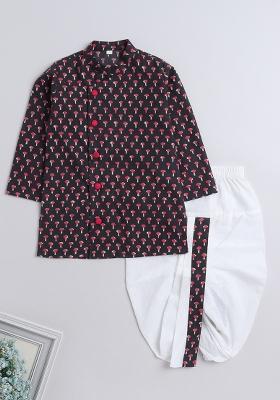 Grey Printed Cotton Kurta Set For Boys