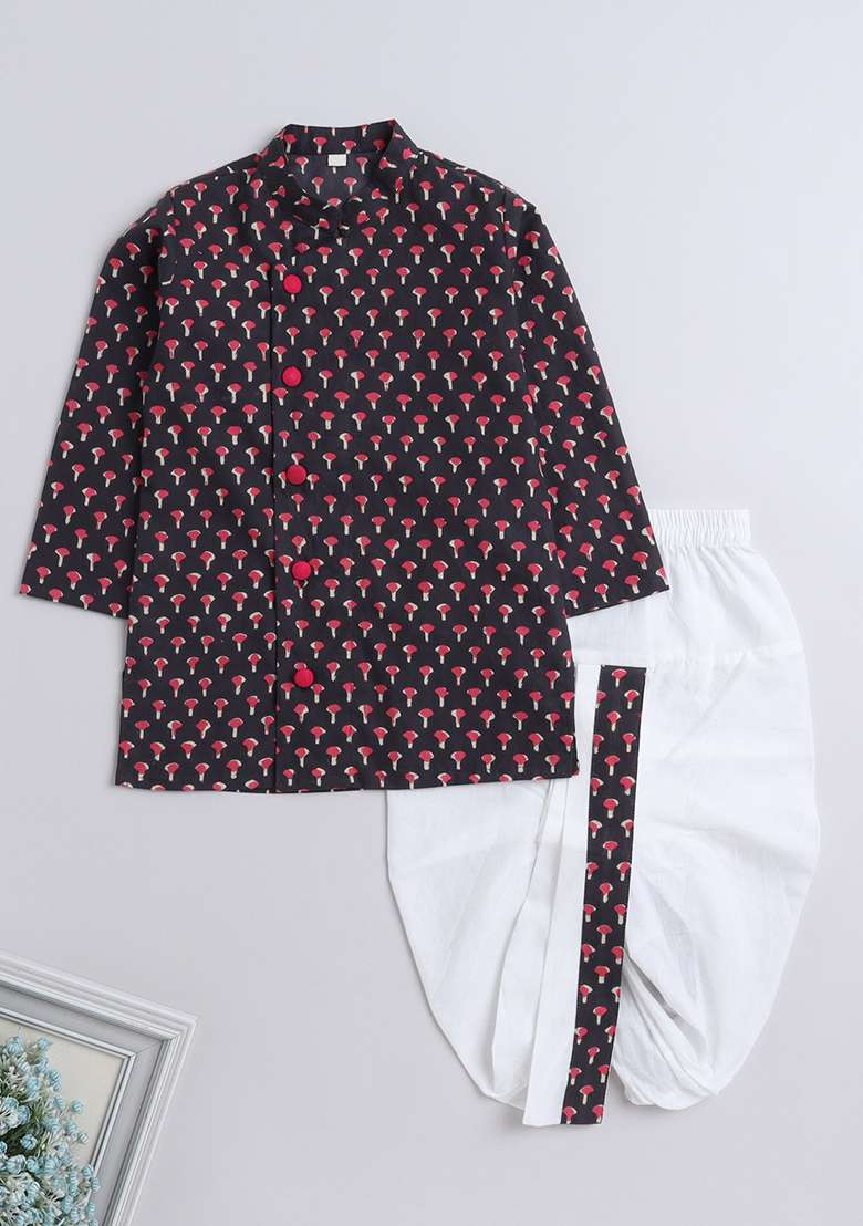 Grey Printed Cotton Kurta Set For Boys - Indya