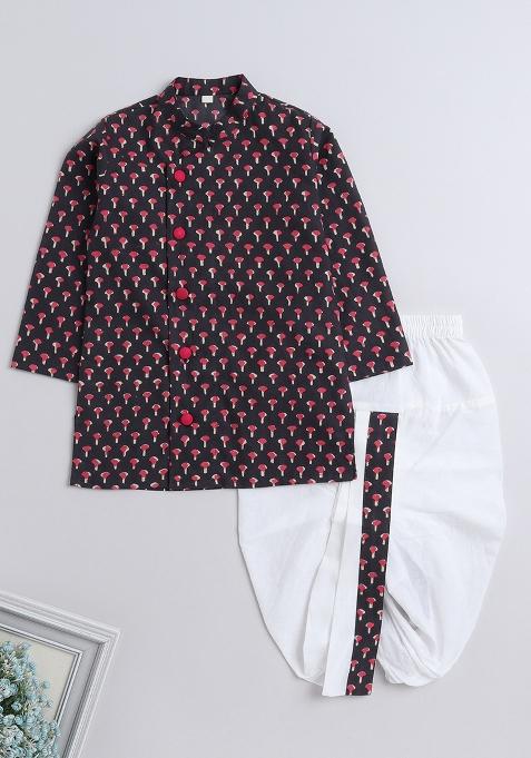 Grey Printed Cotton Kurta Set For Boys