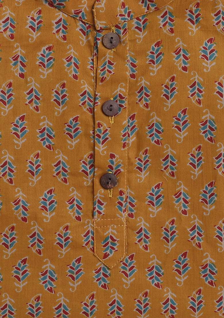 Yellow Printed Cotton Kurta Set For Boys - Indya