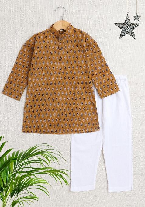 Yellow Printed Cotton Kurta Set For Boys