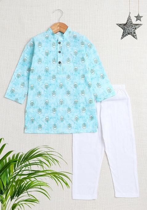 Blue Printed Cotton Kurta Set For Boys