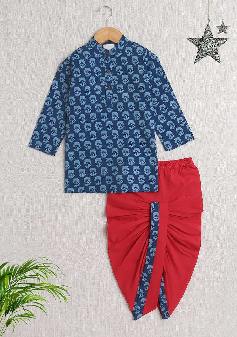 Blue Printed Cotton Kurta Set For Boys - Indya