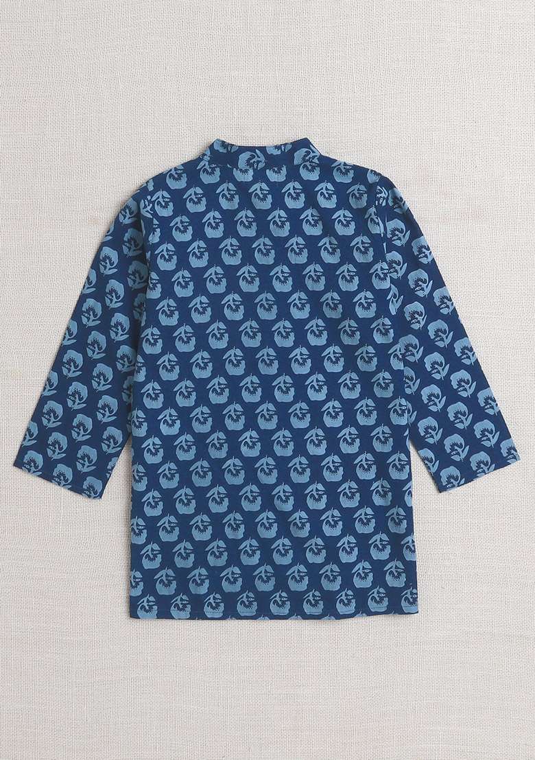Blue Printed Cotton Kurta Set For Boys - Indya