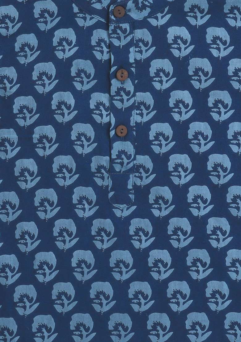 Blue Printed Cotton Kurta Set For Boys - Indya