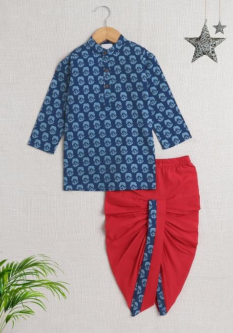 Blue Printed Cotton Kurta Set For Boys