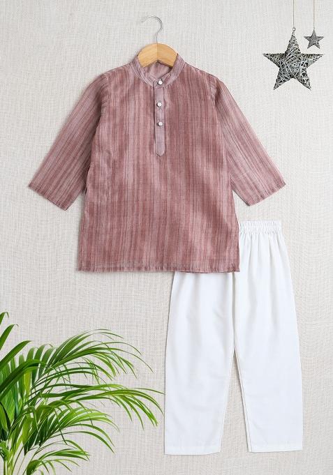 Peach Solid Cotton Kurta Set For Boys