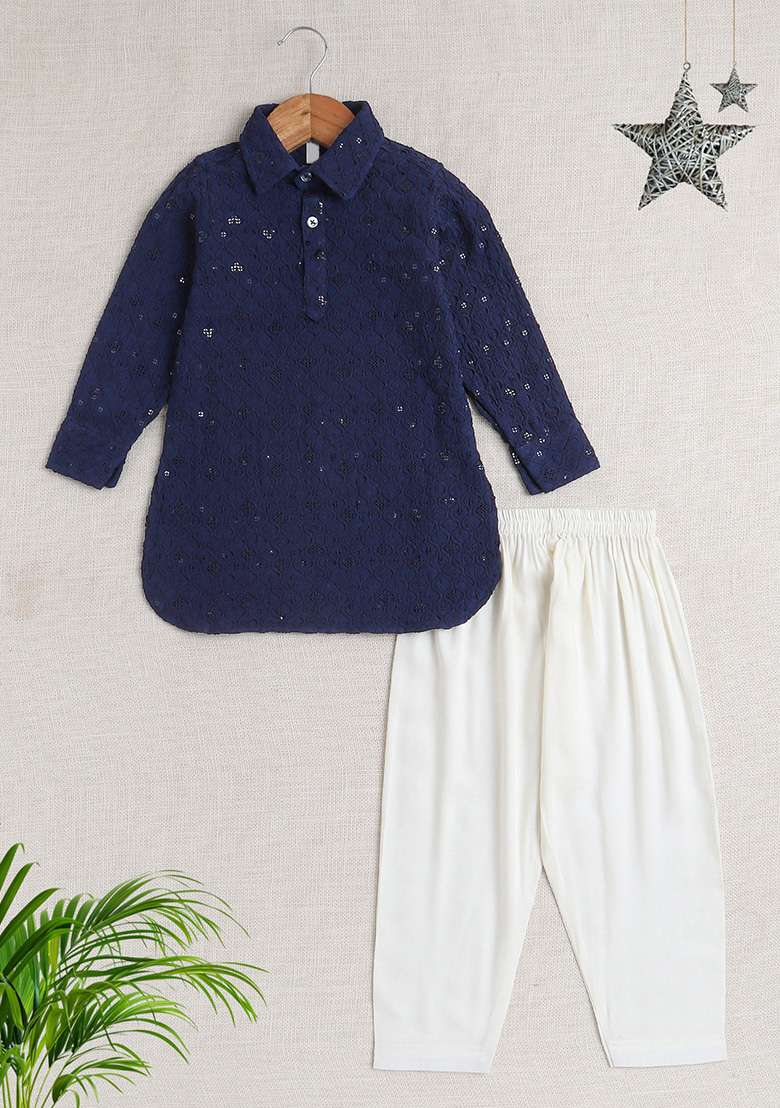 Blue Embroidered Rayon Kurta Set For Boys - Indya