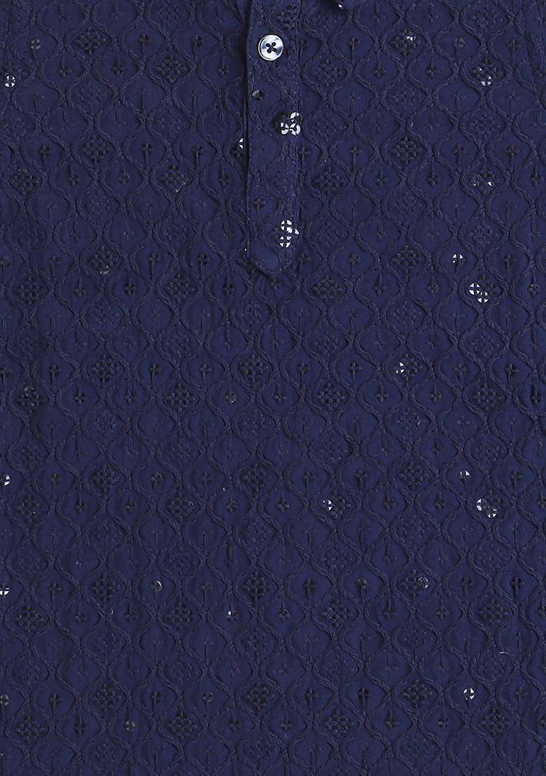 Blue Embroidered Rayon Kurta Set For Boys - Indya