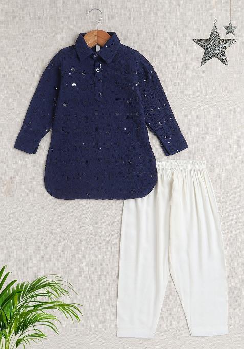 Blue Embroidered Rayon Kurta Set For Boys