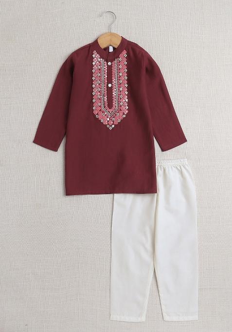 Red Embroidered Polyester Kurta Set For Boys