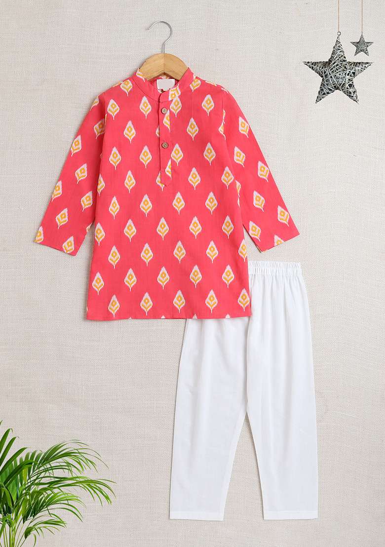 Pink Printed Cotton Kurta Set For Boys - Indya