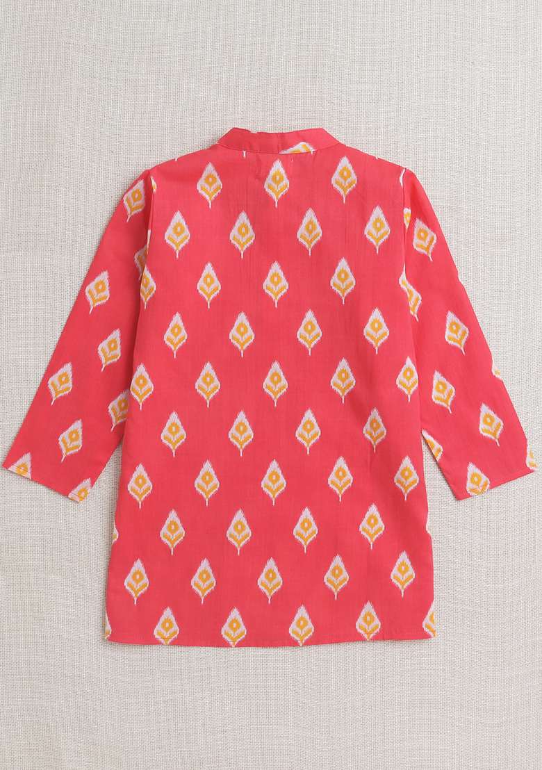 Pink Printed Cotton Kurta Set For Boys - Indya