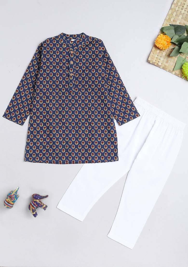 Blue Printed Cotton Kurta Set For Boys - Indya