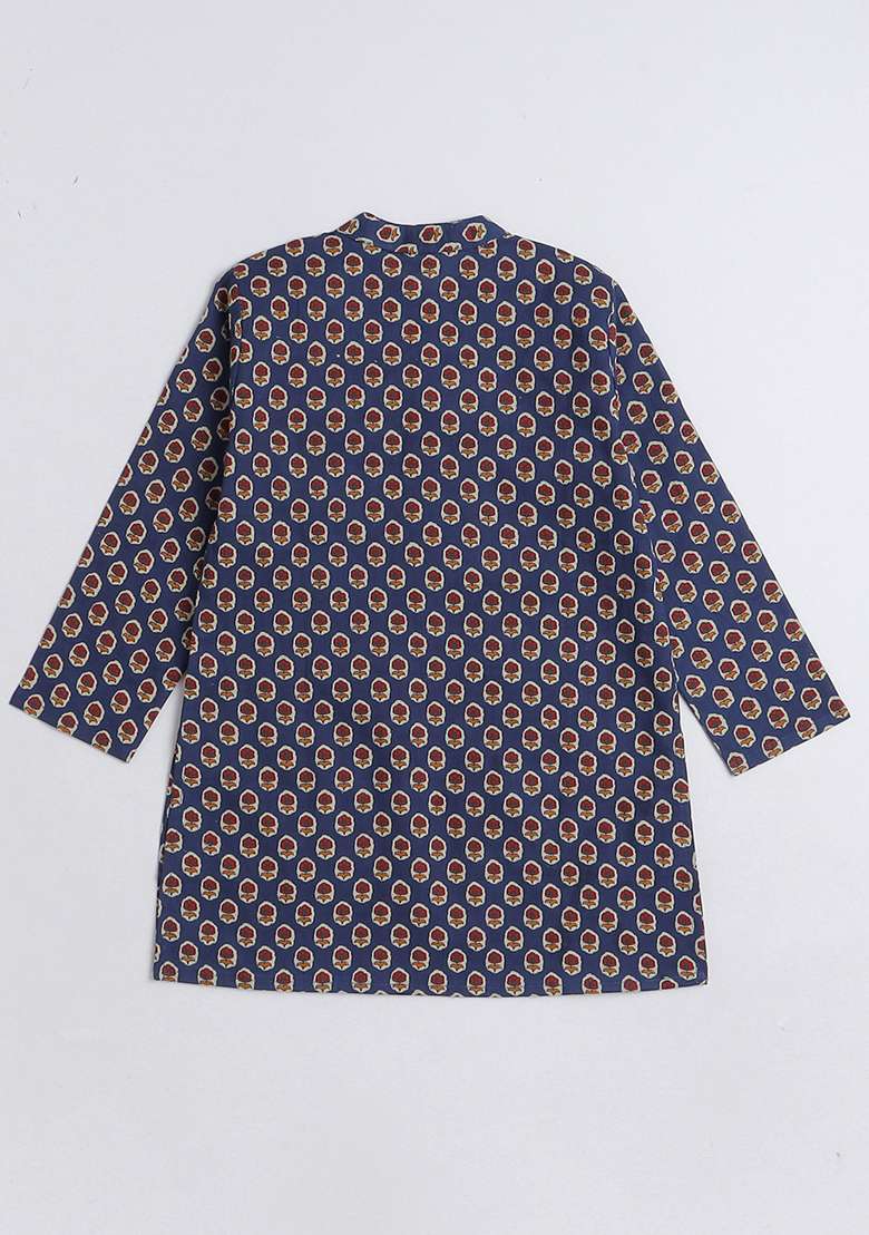 Blue Printed Cotton Kurta Set For Boys - Indya