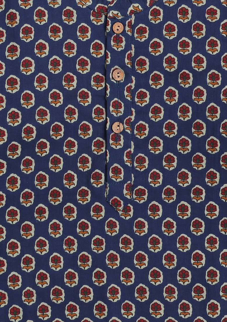 Blue Printed Cotton Kurta Set For Boys - Indya