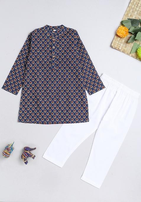 Blue Printed Cotton Kurta Set For Boys