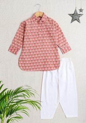 Peach Printed Cotton Kurta Set For Boys