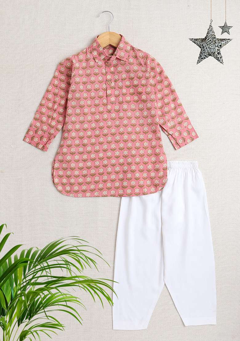 Peach Printed Cotton Kurta Set For Boys - Indya