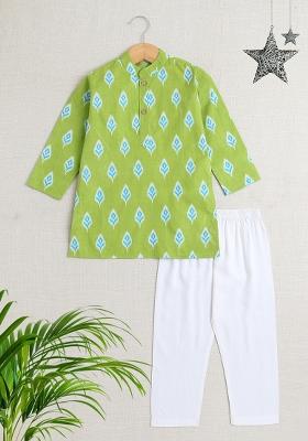 Green Printed Cotton Kurta Set For Boys