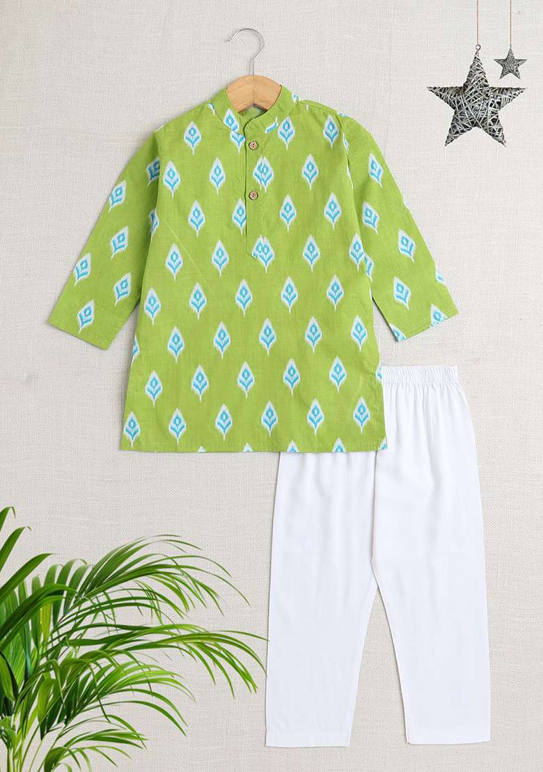 Green Printed Cotton Kurta Set For Boys - Indya