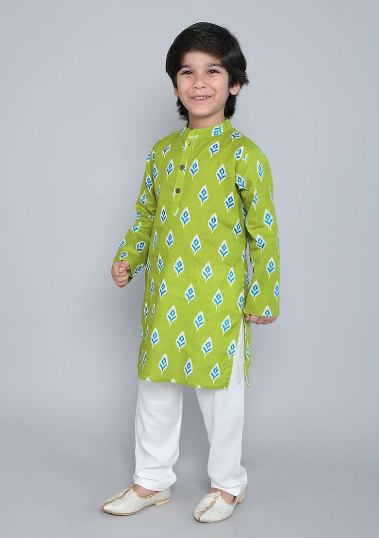 Green Printed Cotton Kurta Set For Boys - Indya