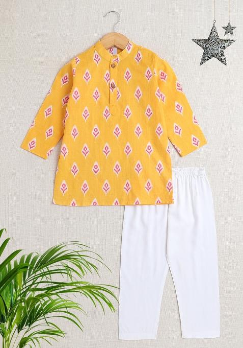Yellow Printed Cotton Kurta Set For Boys