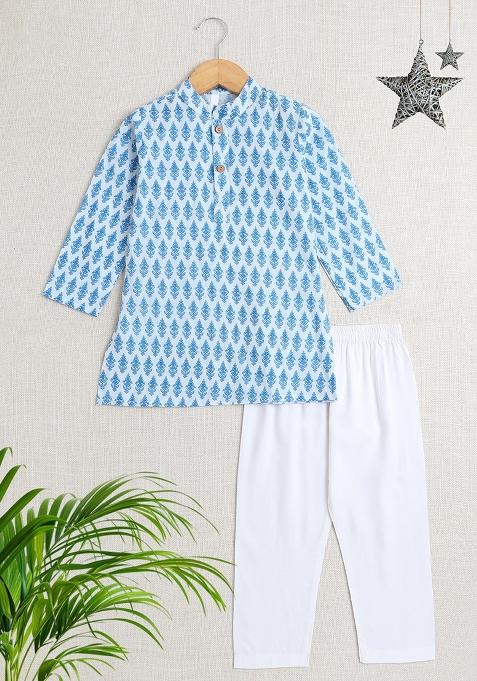 Blue Printed Cotton Kurta Set For Boys