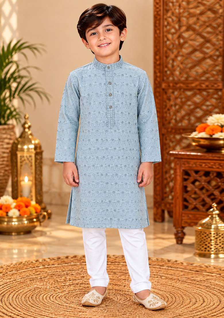 Grey Embroidery Cotton Kurta Set For Boys - Indya