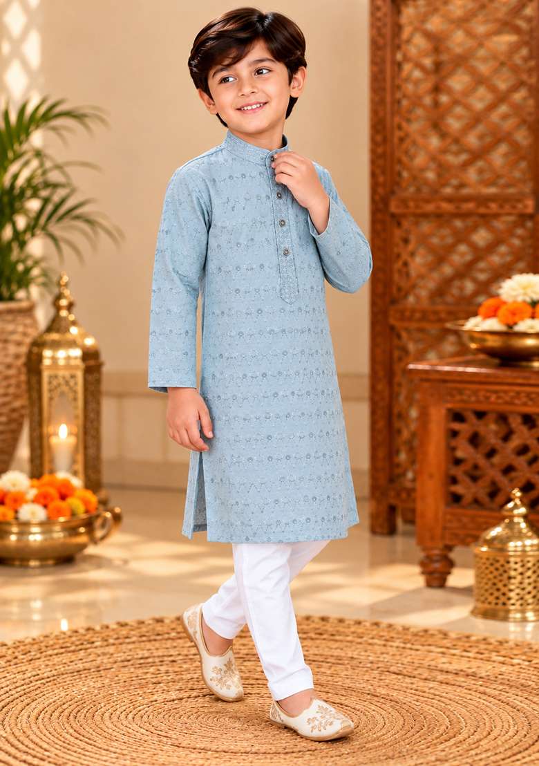 Grey Embroidery Cotton Kurta Set For Boys - Indya