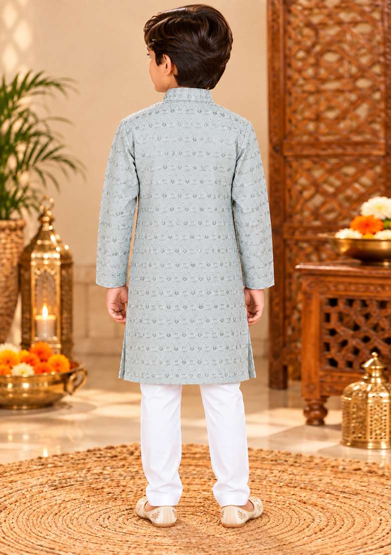 Grey Embroidery Cotton Kurta Set For Boys - Indya