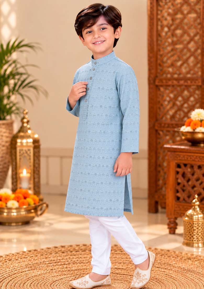 Grey Embroidery Cotton Kurta Set For Boys - Indya
