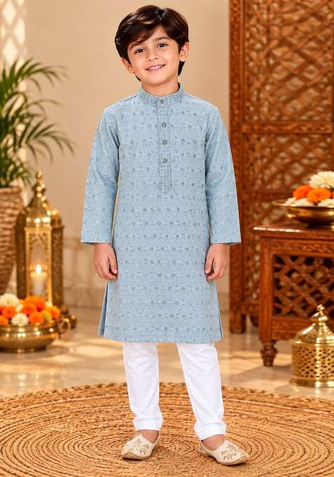 Grey Embroidery Cotton Kurta Set For Boys