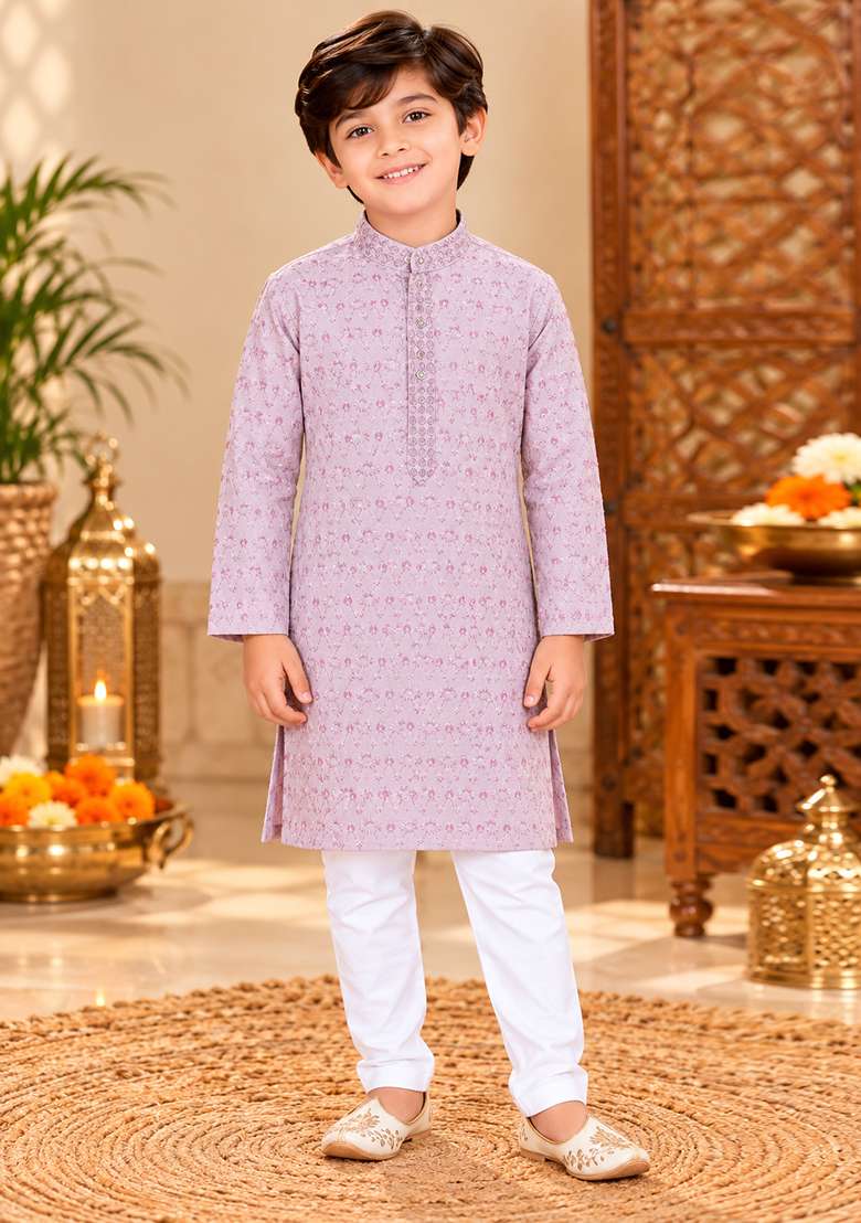 Purple Embroidery Cotton Kurta Set For Boys - Indya
