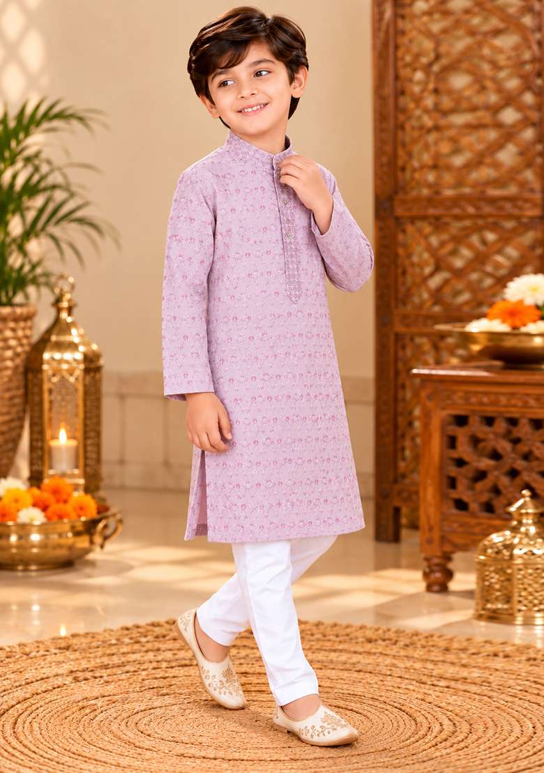 Purple Embroidery Cotton Kurta Set For Boys - Indya