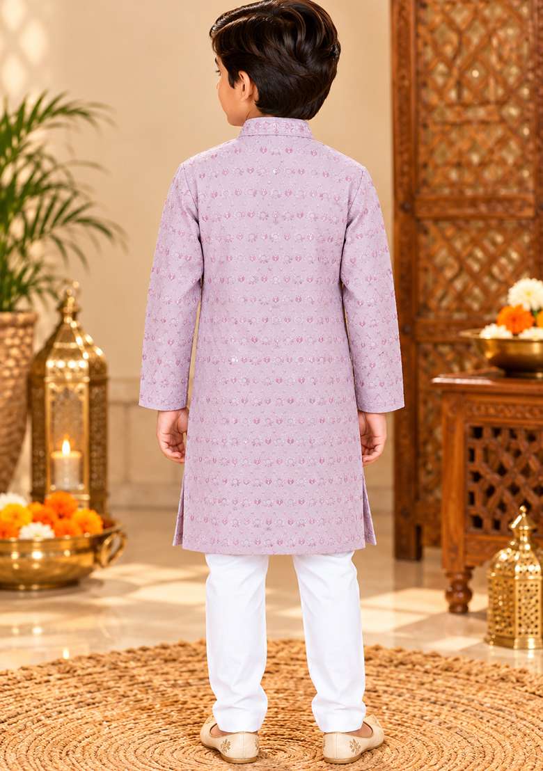 Purple Embroidery Cotton Kurta Set For Boys - Indya