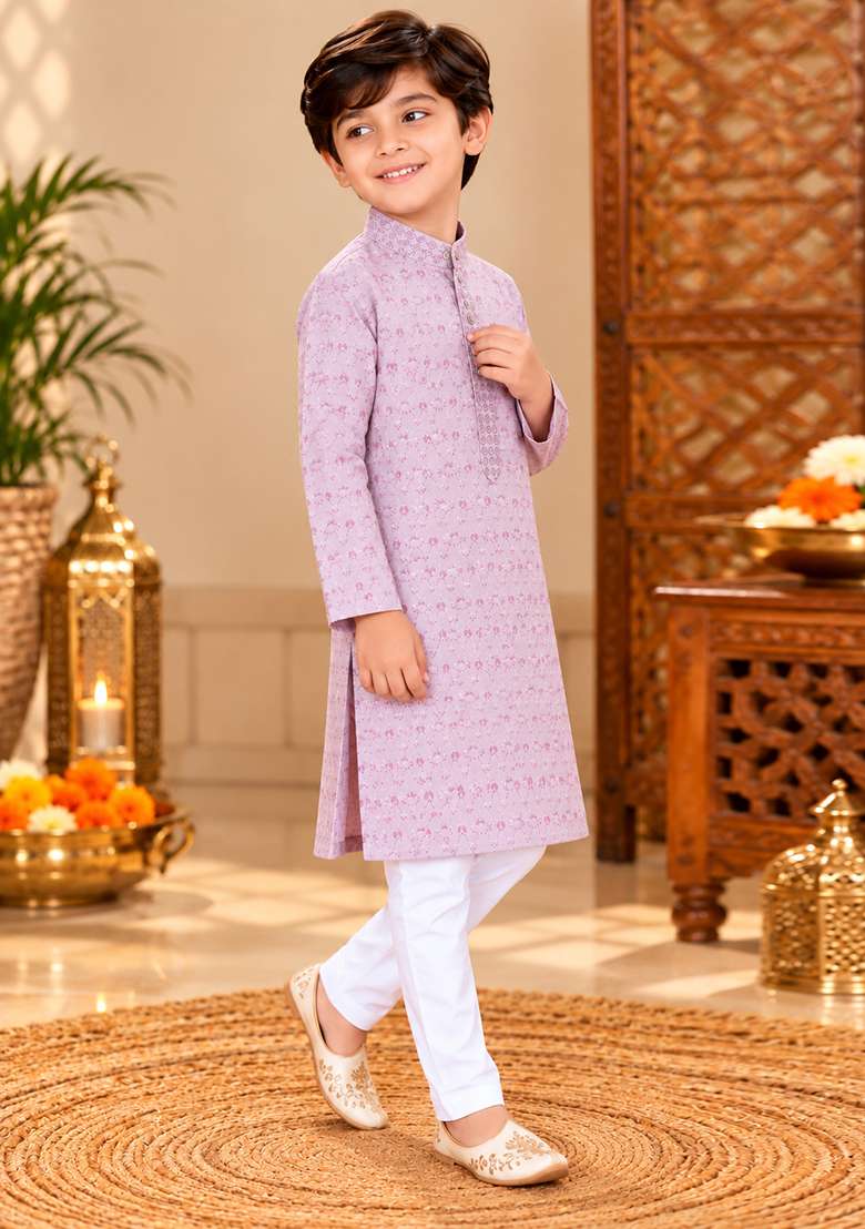 Purple Embroidery Cotton Kurta Set For Boys - Indya