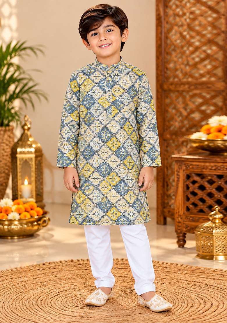 Grey Printed Cotton Kurta Set For Boys - Indya