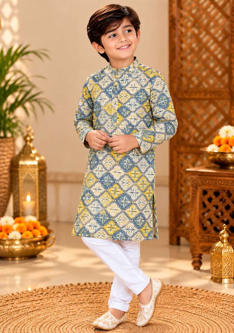 Grey Printed Cotton Kurta Set For Boys - Indya