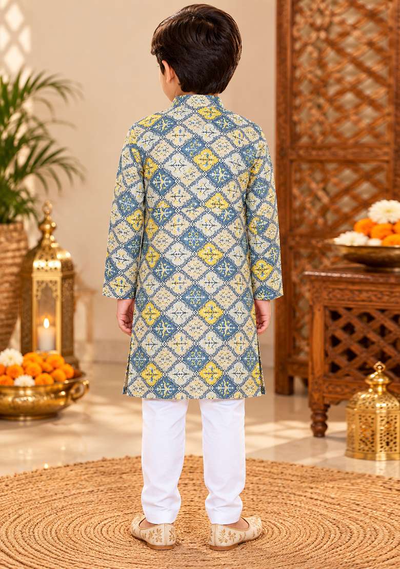 Grey Printed Cotton Kurta Set For Boys - Indya