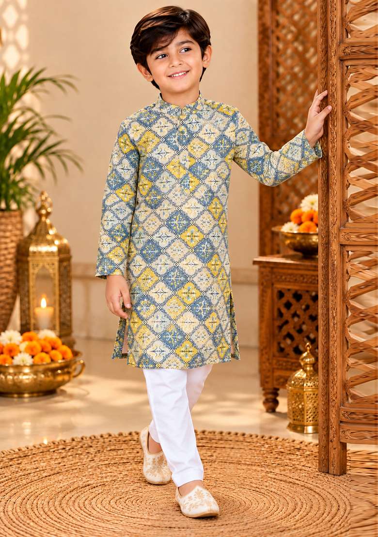 Grey Printed Cotton Kurta Set For Boys - Indya