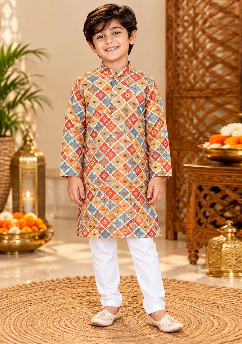 Multicolor Printed Cotton Kurta Set For Boys - Indya