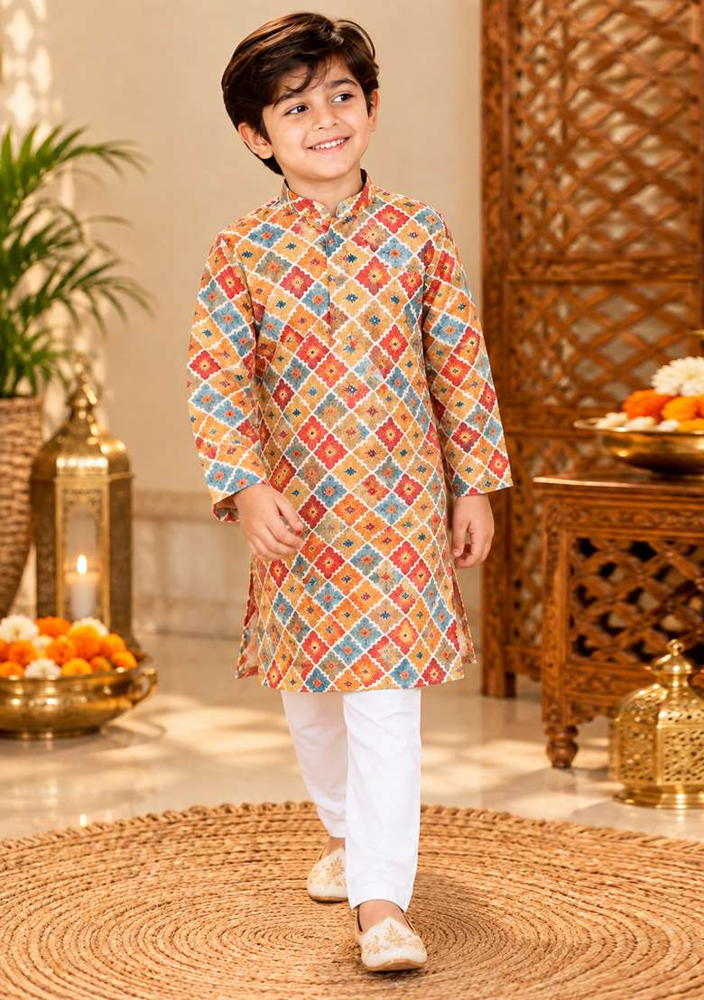 Multicolor Printed Cotton Kurta Set For Boys - Indya